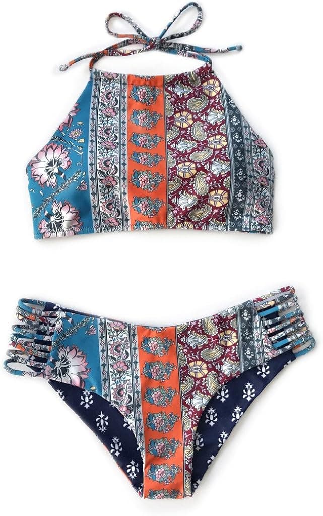 SEASELFIE Women's Halter Bikini Set Tie Back High Cut Floral Print Swimsuit