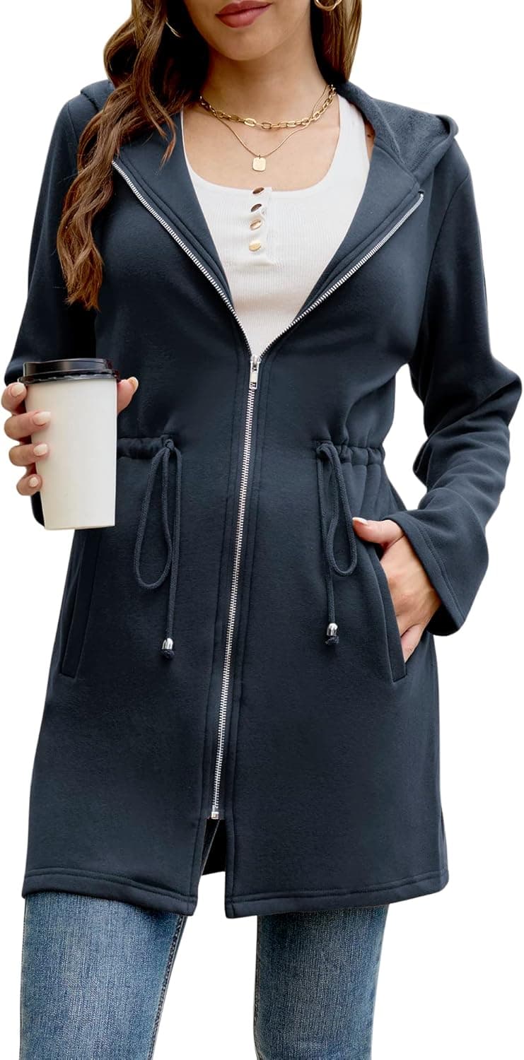 Ywyxhzha Women's Casual Tunic Zip Up Hoodies Sweatshirts Long Fleece Jacket Cardigan Coat