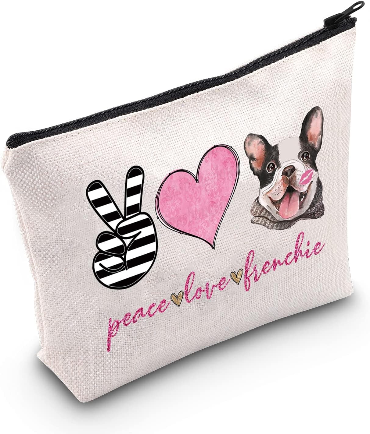 LEVLO Funny French Bulldog Cosmetic Make up Bag Dog Owner Gift Peace Love Frenchie Makeup Zipper Pouch Bag Frenchie Dog Lover Gift (Peace Love Frenchie)