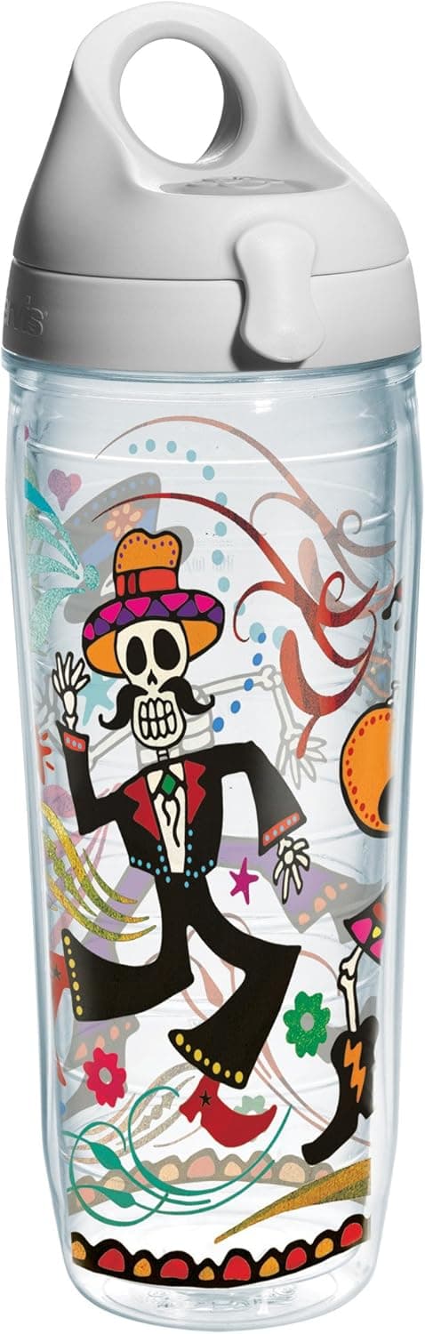 Tervis Mexican Skeletons Individual Wrap Water Bottle with Gray Lid, 24 oz, Clear