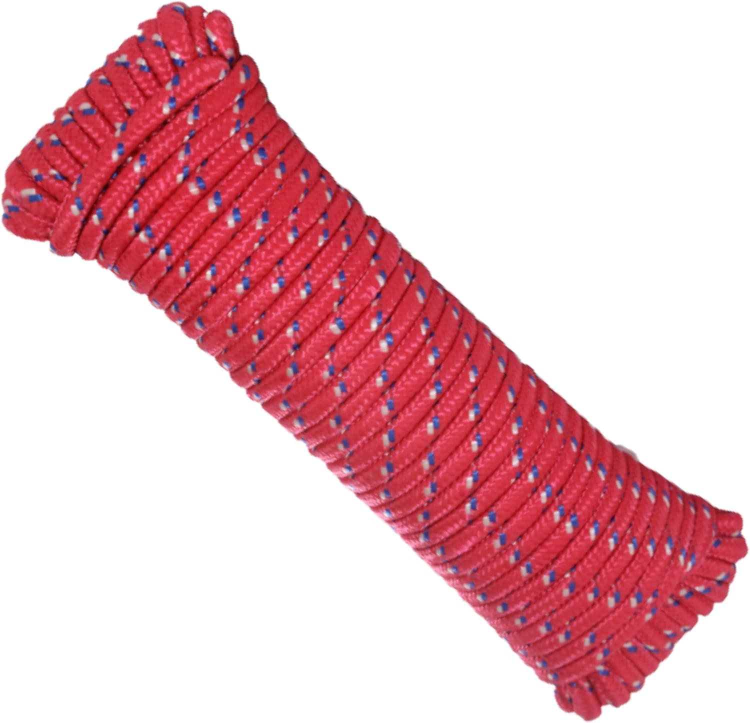 ATERET Diamond Braid Polypropylene Rope I 1/4" x 100 Foot Hanks (Lengths) I Red with Blue&White Tracers I Ideal Use for Hunting, Fishing & Camping (1/4" x 100 feet, Red w/White&Blue)