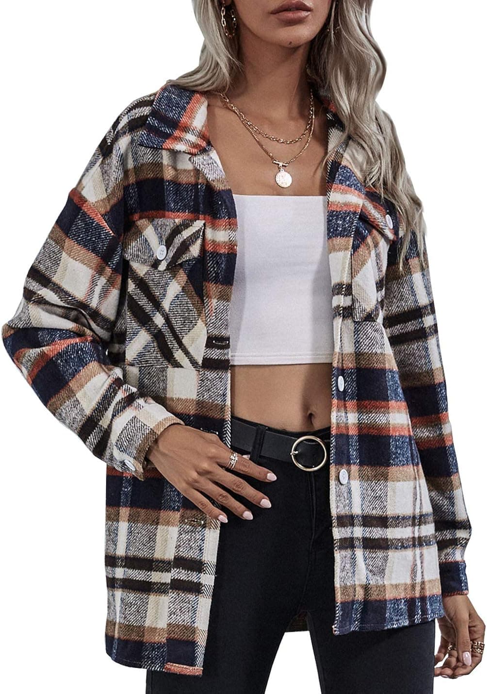 Locachy Women's Casual Plaid Button Down Wool Blend Long Sleeve Jackets Outerwear