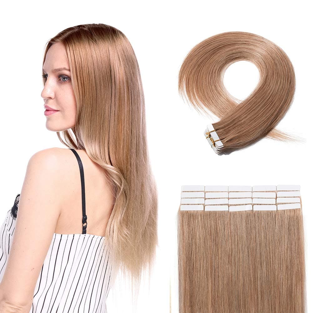Tape in Human Hair Extensions Strawberry Blonde 100g 40 Pieces Rooted Straight Seamless Skin Weft Invisible Double Sided Tape 40pcs 18'/18inch #27 Dark Blonde+20pcs Free Tapes