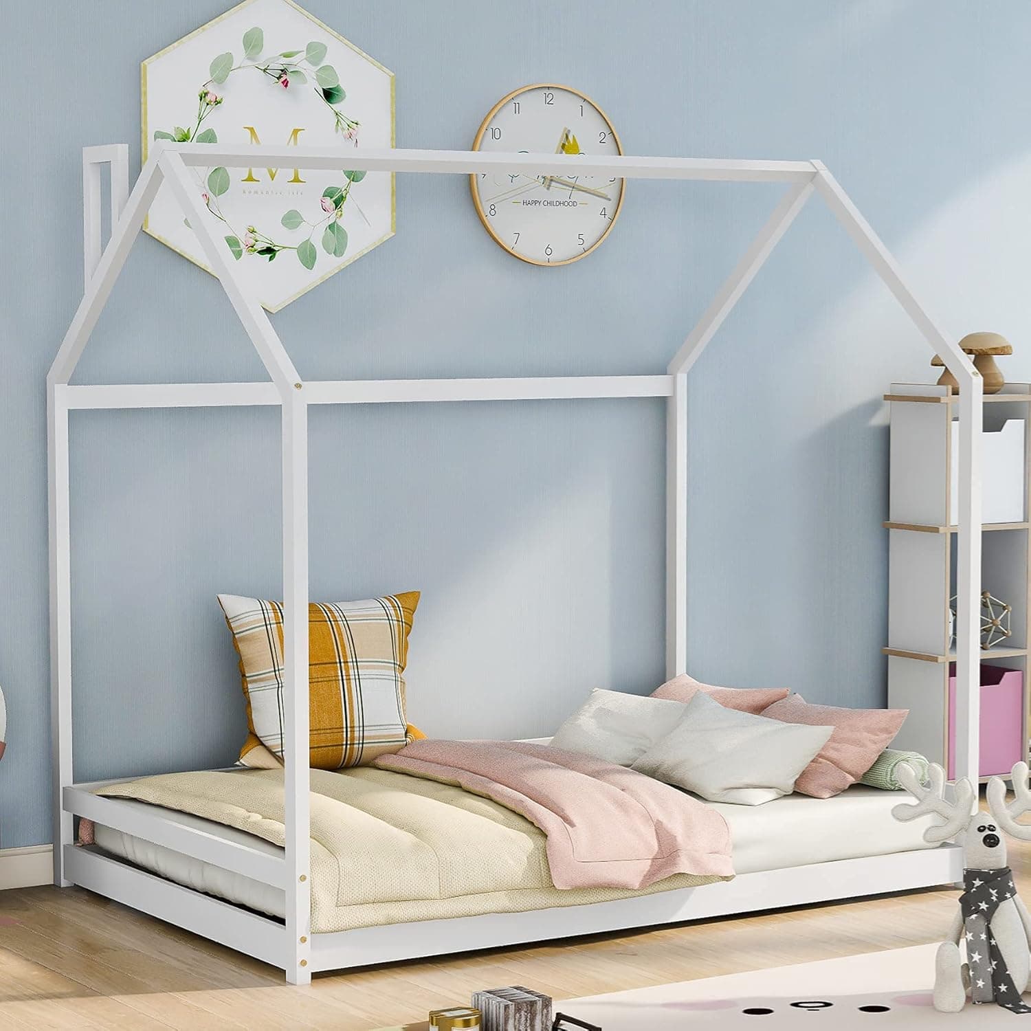 Harper & Bright Designs House Bed for Kids Full Size, Toddler House Full Bed with Roof,Wood Floor Bed Frame for Girls Boys Bedroom Furniture, Box Spring Needed，White