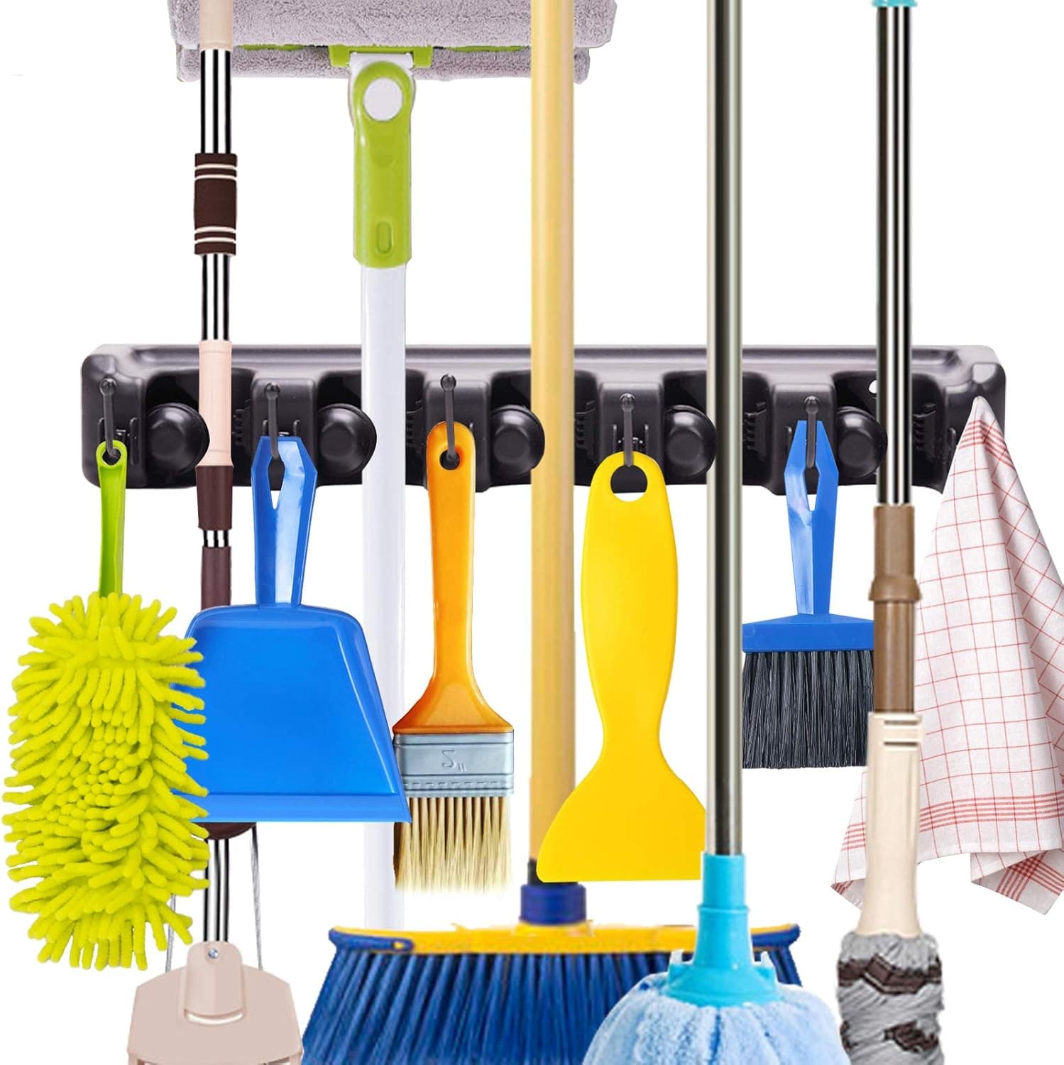 Mop and Broom Holder Wall Mount Garden Tool Organizer Rake or Garage Storage Rack, 5 Position with 6 Hooks, 1 Pack (Black)?