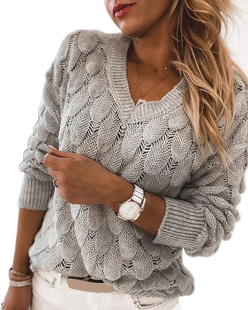 Women's V Neck Knit Pullover Sweater Oversized Long Sleeve Lightweight Jumper Tops
