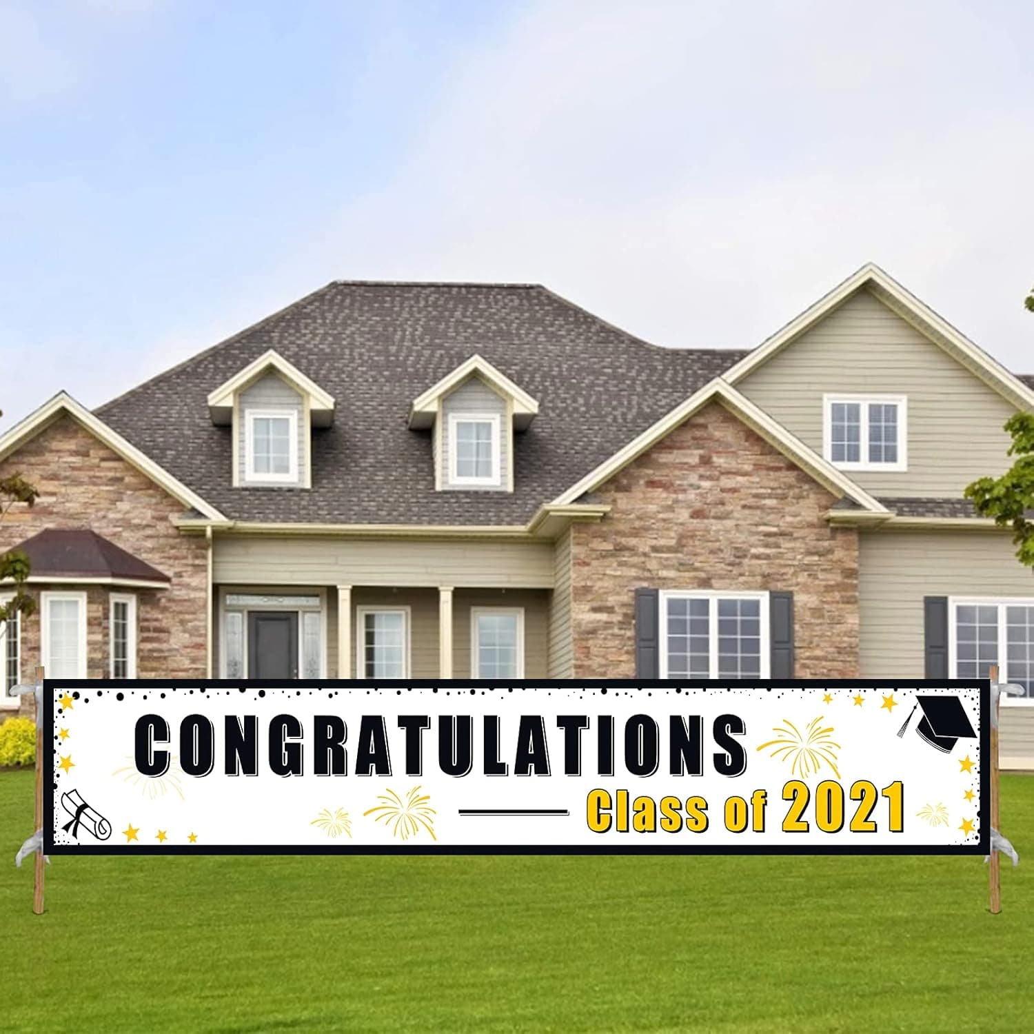 9.8 * 1.6 Feet Graduation Banner, Congratulations Class of 2021 Sign, Congrats Grad Party Decorations Supplies White & Gold
