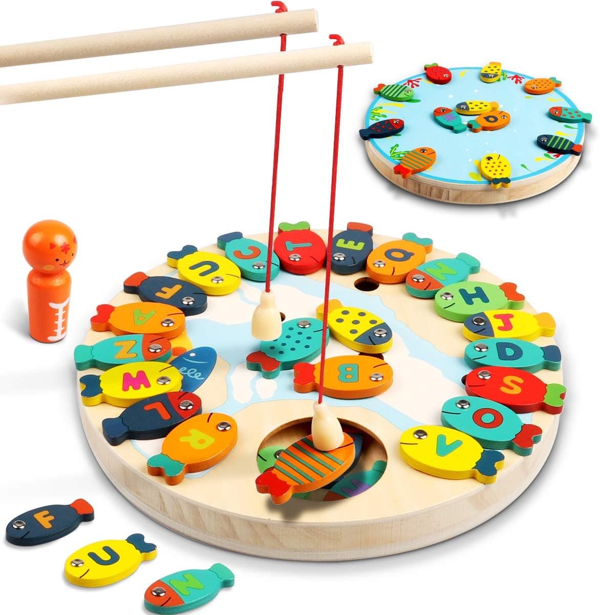 Lydaz 30 PCS Wooden Magnetic Fishing Game, Magnetic Alphabet Letters Fishing Toy, Montessori Toys Educational Games Fine Motor Skill Toys for 3 4 5 Year Old Boys Girls Kids Toddlers