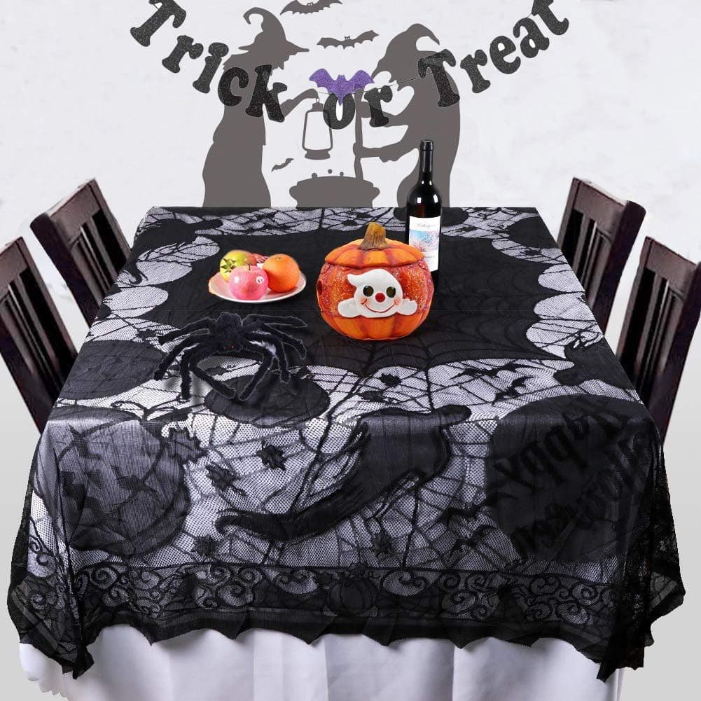 Halloween Spider Web Tablecloth with Pumpkin and Ghost, Black Lace Table Cover Decoration Supplies for Halloween Party Dinner Party Home Decor 80 x 60 Inch