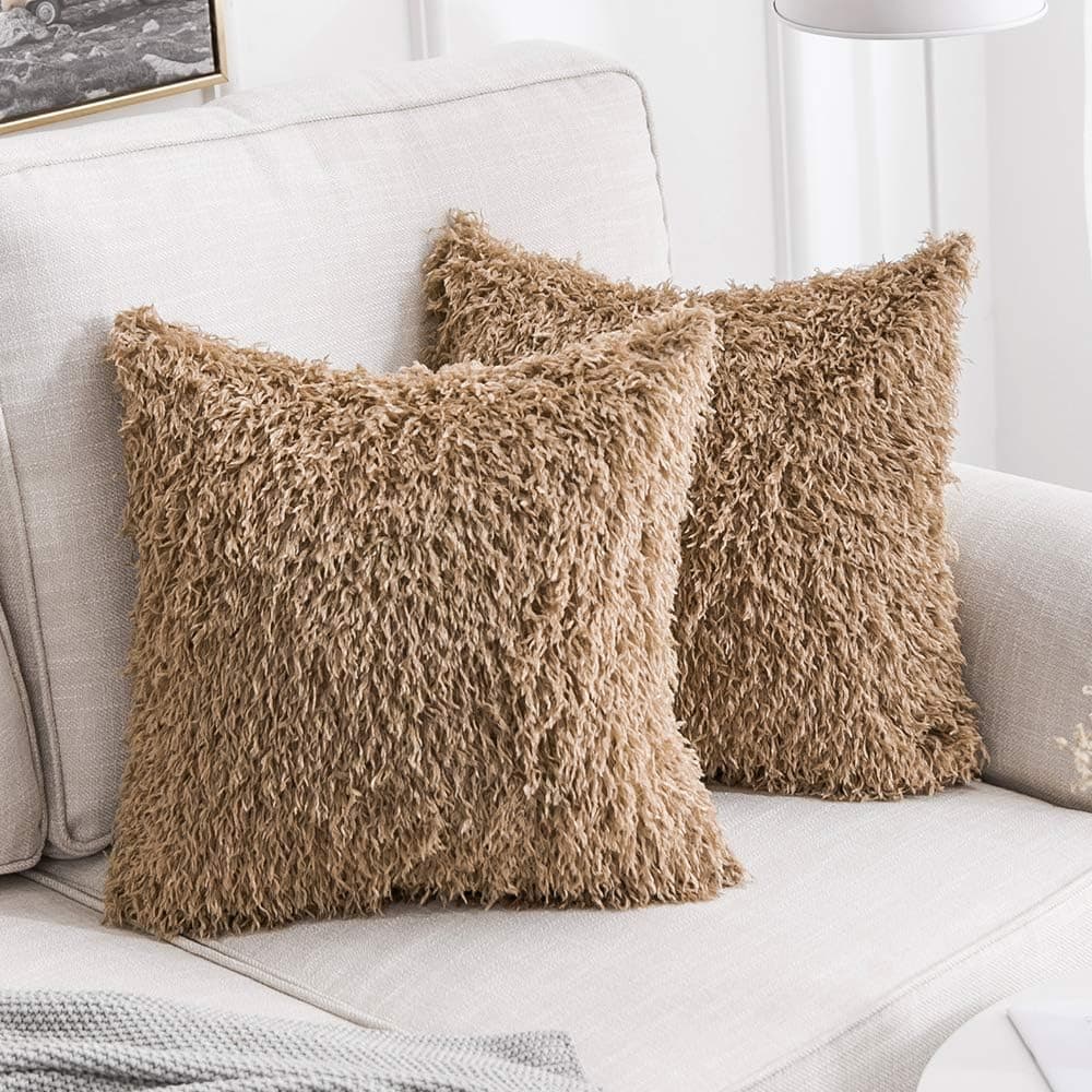 MIULEE Pack of 2 Decorative Brown Faux Fur Throw Pillow Covers Super Soft Faux Feather Pillow Cases Luxious Cushion Covers for Sofa Bedroom 18x18 Inch 45x45 cm