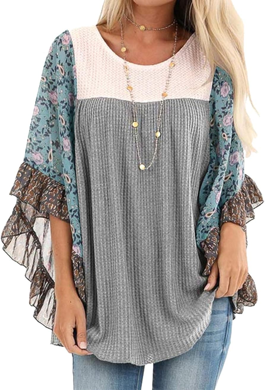 CASURESS Womens Floral Printed 3 4 Sleeve Shirt Batwing Loose Tops Blouses Pullover