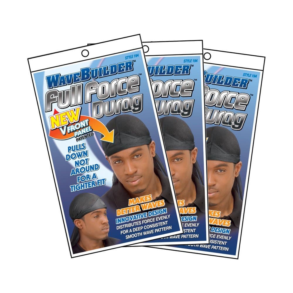 WaveBuilder Premium Hair Wave Full Force Durag, Black, 3 Pack