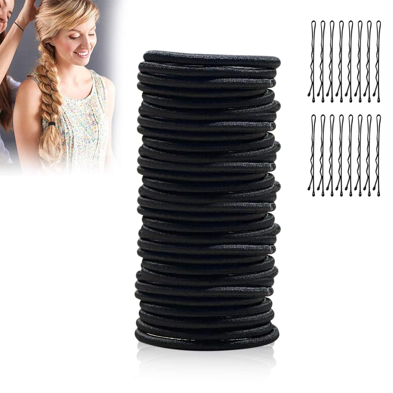 120Pcs Black Hair Ties with Bobby Pins, No Crease Hair Ties for Women, No Metal Hair Bands Ponytail Holders for Hair, Rubber Bands for Thick Straight Curly Hair