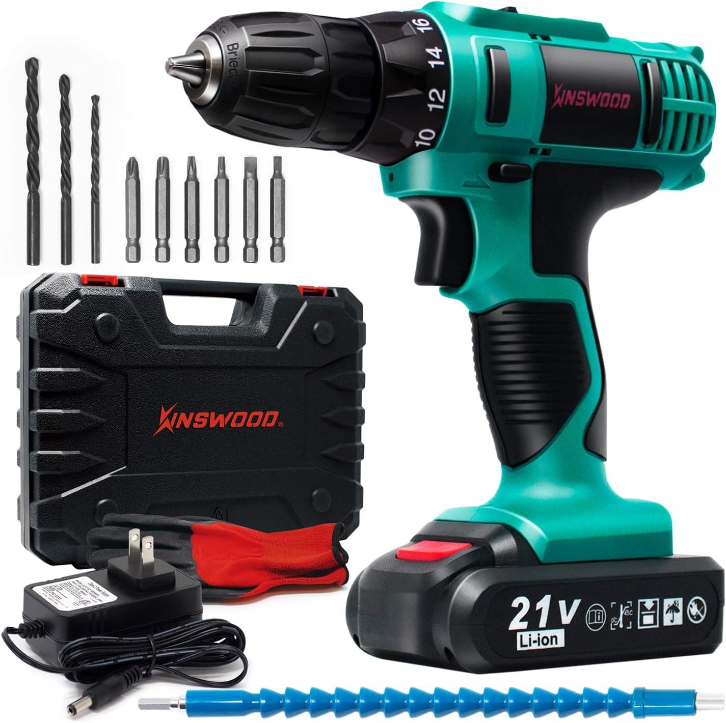 Kinswood Cordless Drill Kit 21V 3/8” Led Lithium-ion with Drill Set Heavy Duty with Tool box