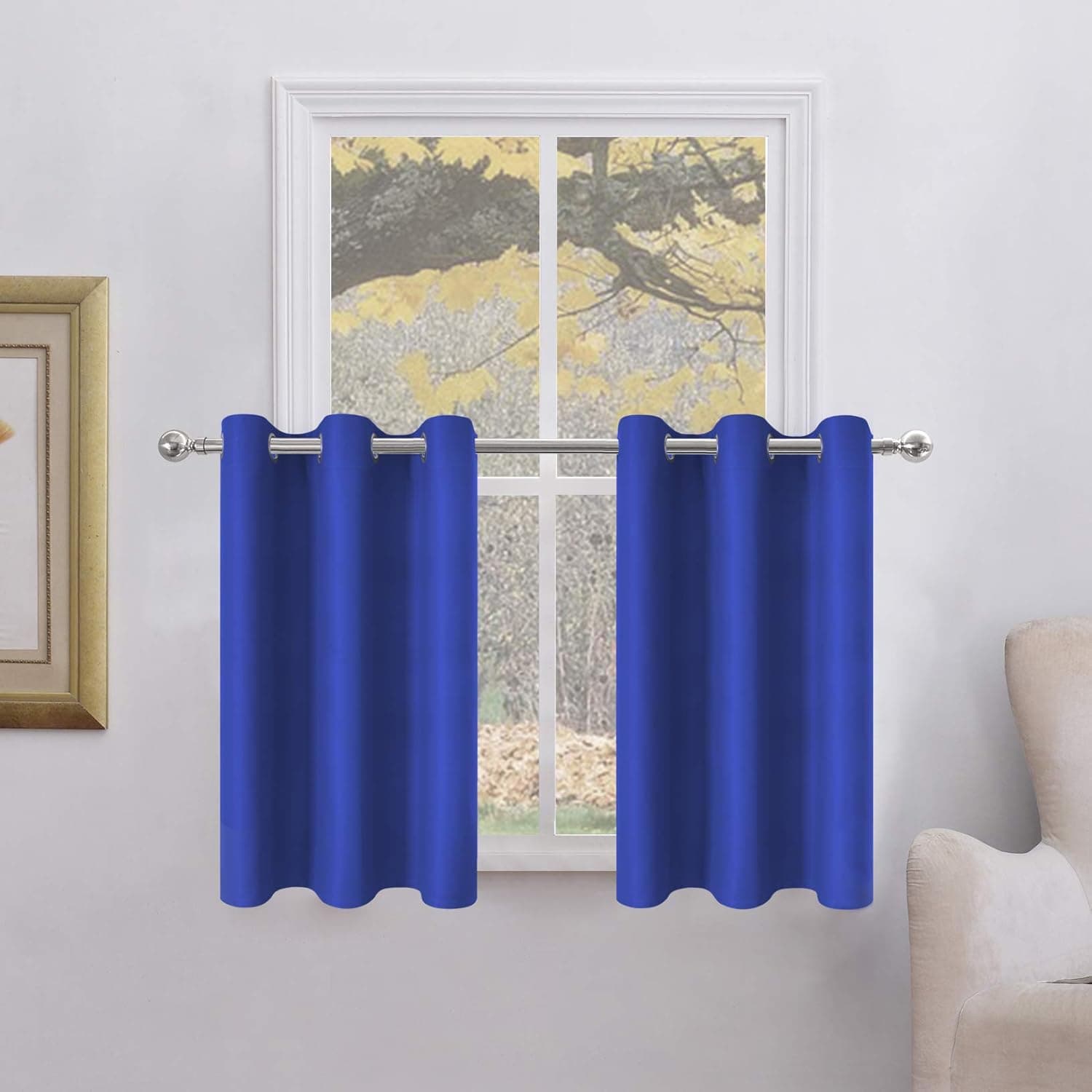 Aquazolax Blackout Curtains Tailored Tier - Privacy Enhancing Thermal Insulated Kitchen Grommet Top Curtain Panels for Short Windows, 42W by 36L Inches, Royal Blue, 2 Panels
