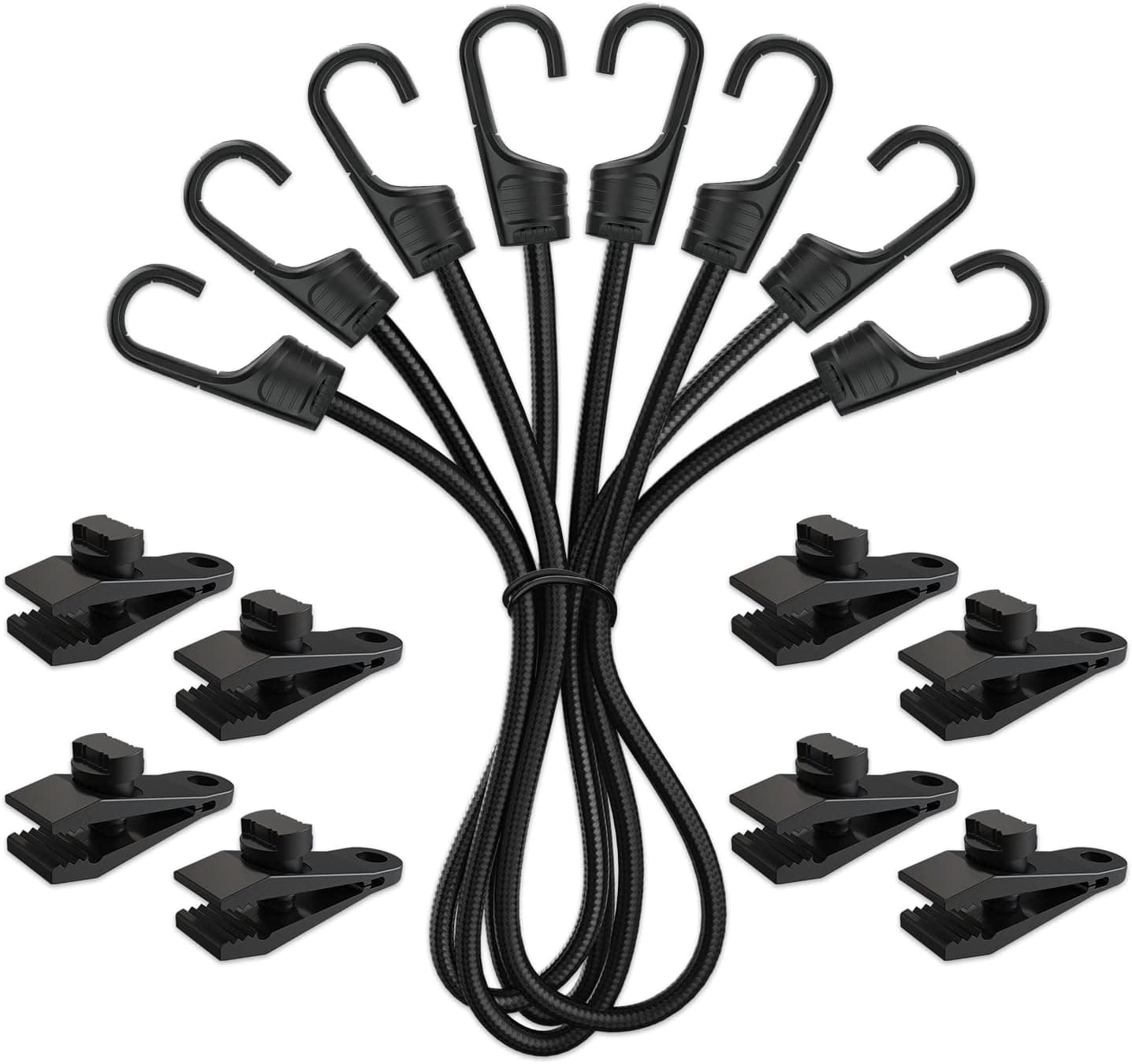 12Pcs Black Bungee Cords Dual Hooks & Tarp Clips ,24 inch Heavy Duty Gust Straps with Tarp Clamp Heavy Duty Lock Grip for Outdoor Funiture, ATV Covers, SUVs, Trucks, Vans Car Cover Wind Protector