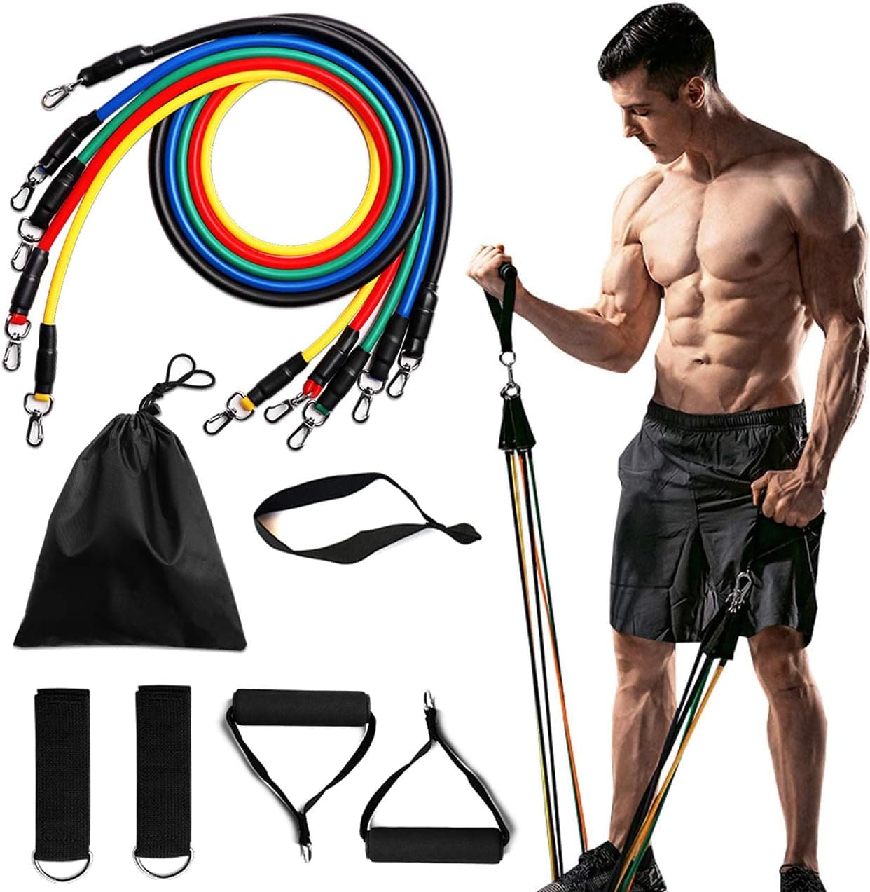 SunFeeling Resistance Bands Set (11pcs), 5 Stackable Exercise Bands with Door Anchor, 2 Handles, 2 Ankle Straps & 1 Carry Bag - for Home Workouts, Physical Therapy, Resistance Training (100LB)