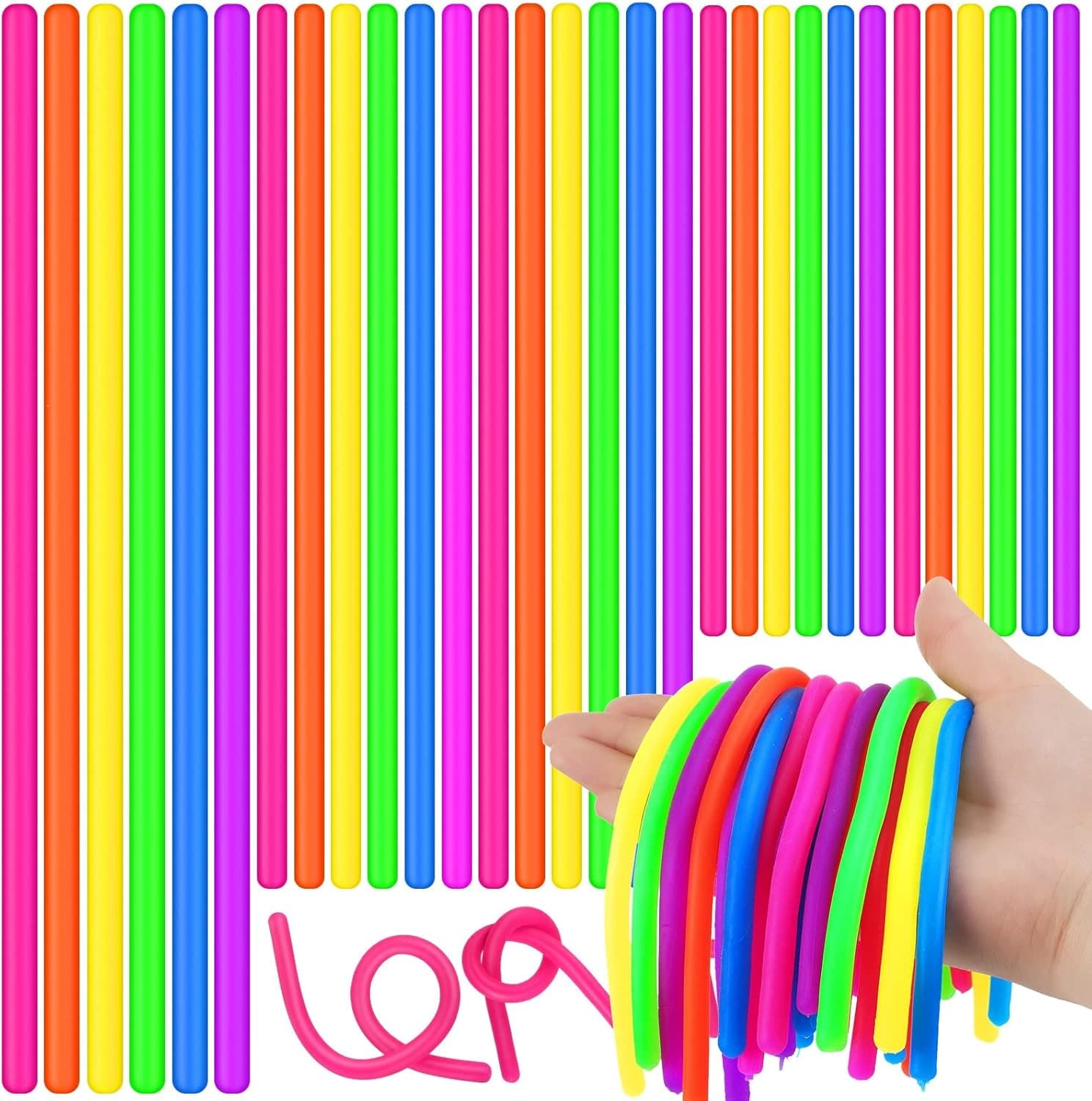 100 Pcs Stretchy String Fidget Sensory Toys Monkey Noodle Fidget Toy Stress Relief Toys Calming Noodle Fidget Stress Anxiety Toys for Stocking Stuffers Birthday Party Favors Prizes, 3 Sizes