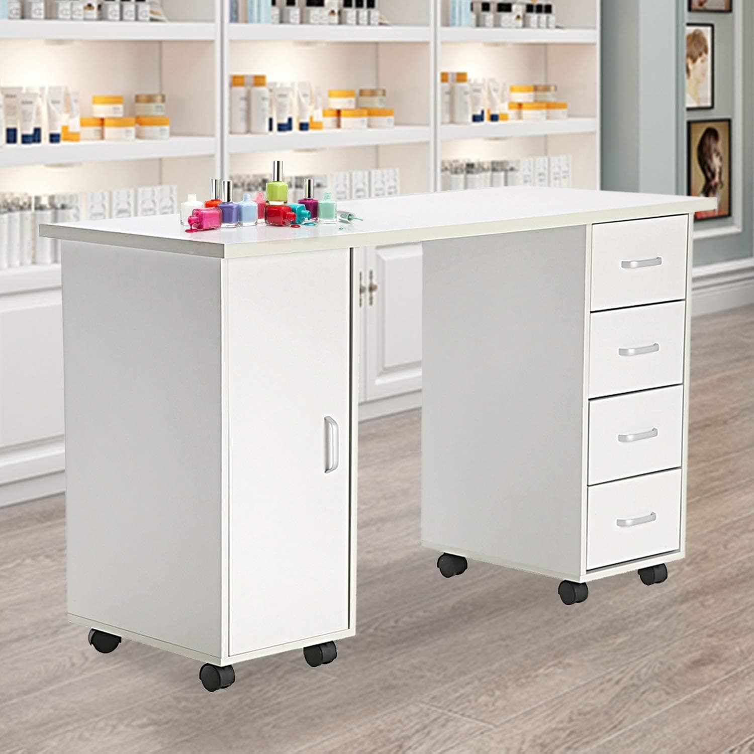 MTFY Nail Table Station, Double Edged Manicure Nail Beauty Spa Desk Workstation with 4 Drawers 1Cabinet,Wooden Nail Art Technician Workstation,White