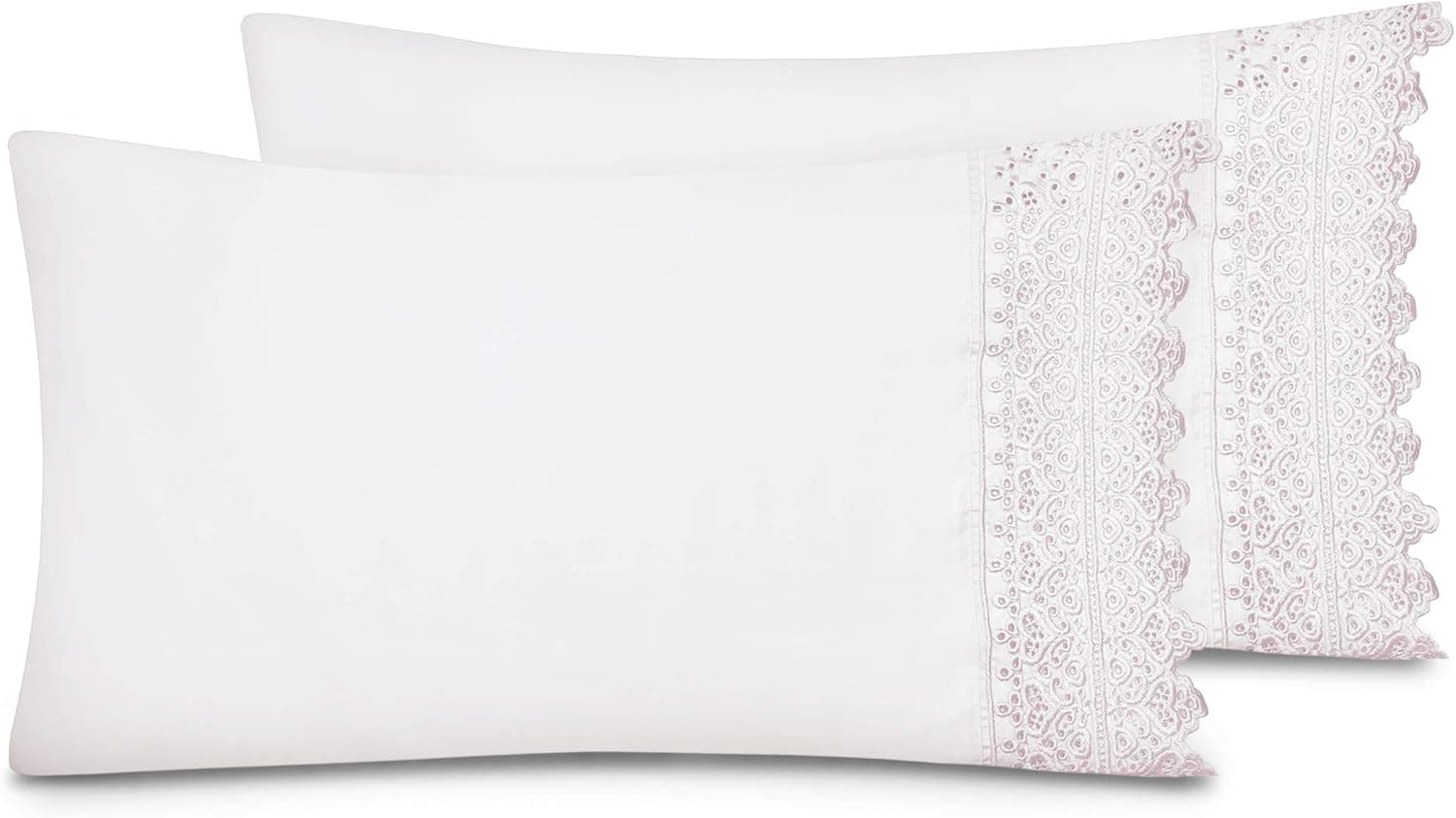 AURAA Smart 1400 Thread Count Cotton Rich, Soft & Smooth Sateen Weave 2 Piece Pillowcases, Artemis Lace Hem, Oeko-TEX Certified - Standard Pillowcase, White