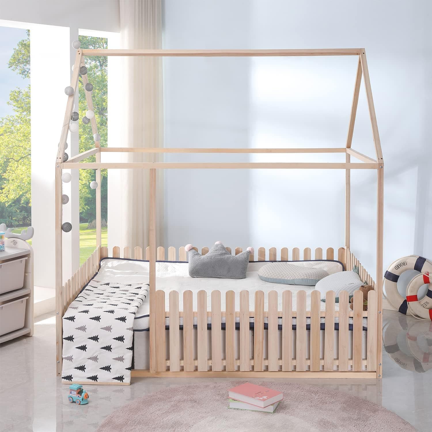 JINPALAY Kids House Bed Twin Size Children's Floor Bed Frame Wood for Boys Girls Toddlers with Fence-Shaped Guardrails (Natural, Twin Size)