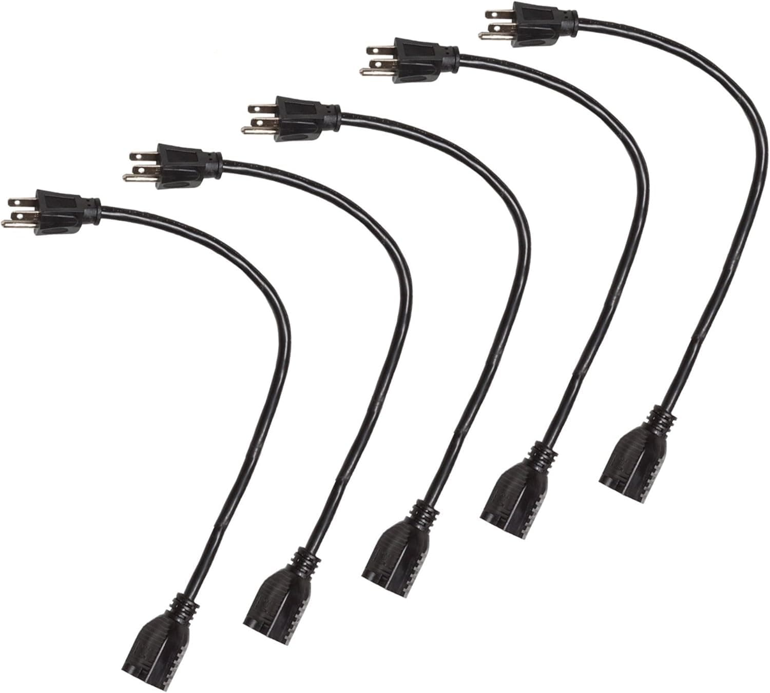 5 Pack of 1 Foot Outlet Extender Cords - 16/3 SJTW Durable Black Plug Extension Power Cables - US Veteran Owned Company