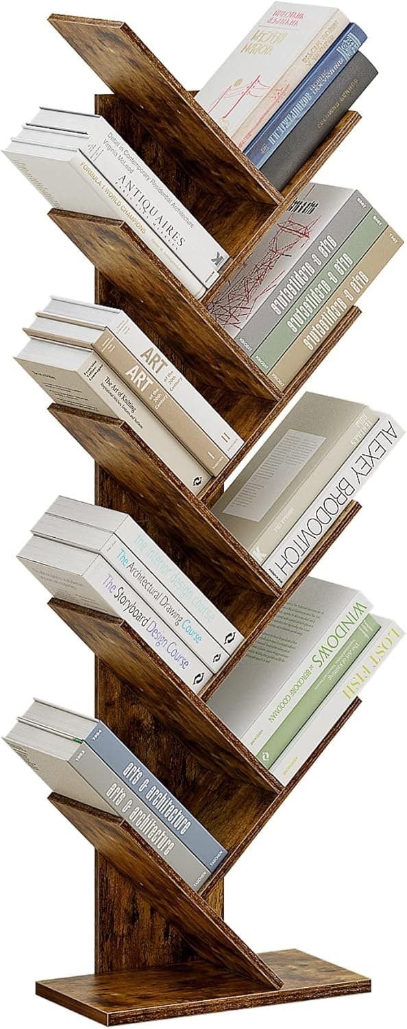 HerdSnails Tree Bookshelf 9-Tier Floor Standing Bookcase in Living Room/ Home/ Office,Storage Rack for CDs/ Movies/ Books Rustic Brown