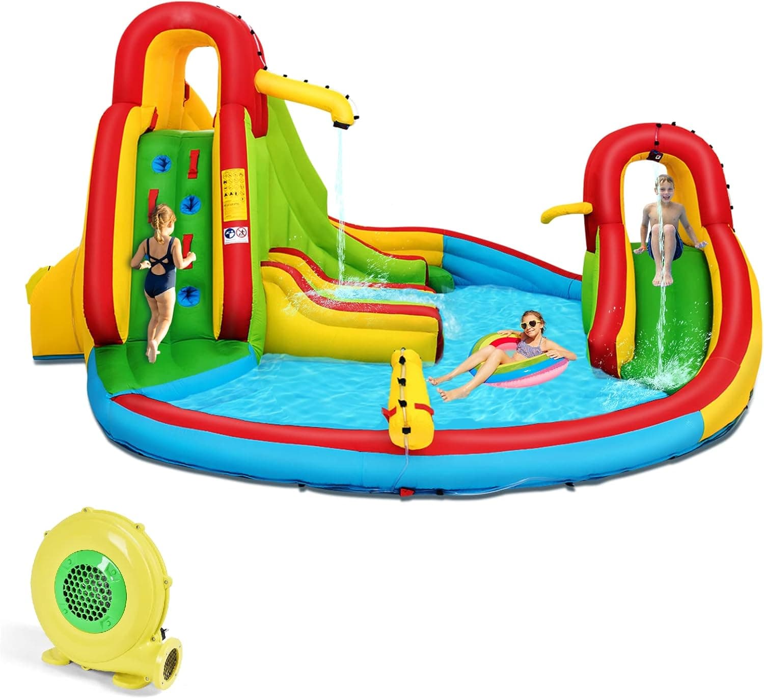 HONEY JOY Inflatable Water Slide, 7 in 1 Bouncy Inflatable Water Park w/Two Slides, Climbing Wall & Splash Pool, Hose, Water Cannons, Indoor Outdoor Blow Up Waterslides for Backyard(with 480w Blower)