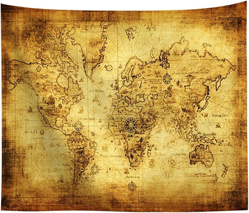 POTENCO Blankets, World Map Picnic Mat Medieval Educational Tapestry Wall Hanging Beach Towel (L, 230*150cm)