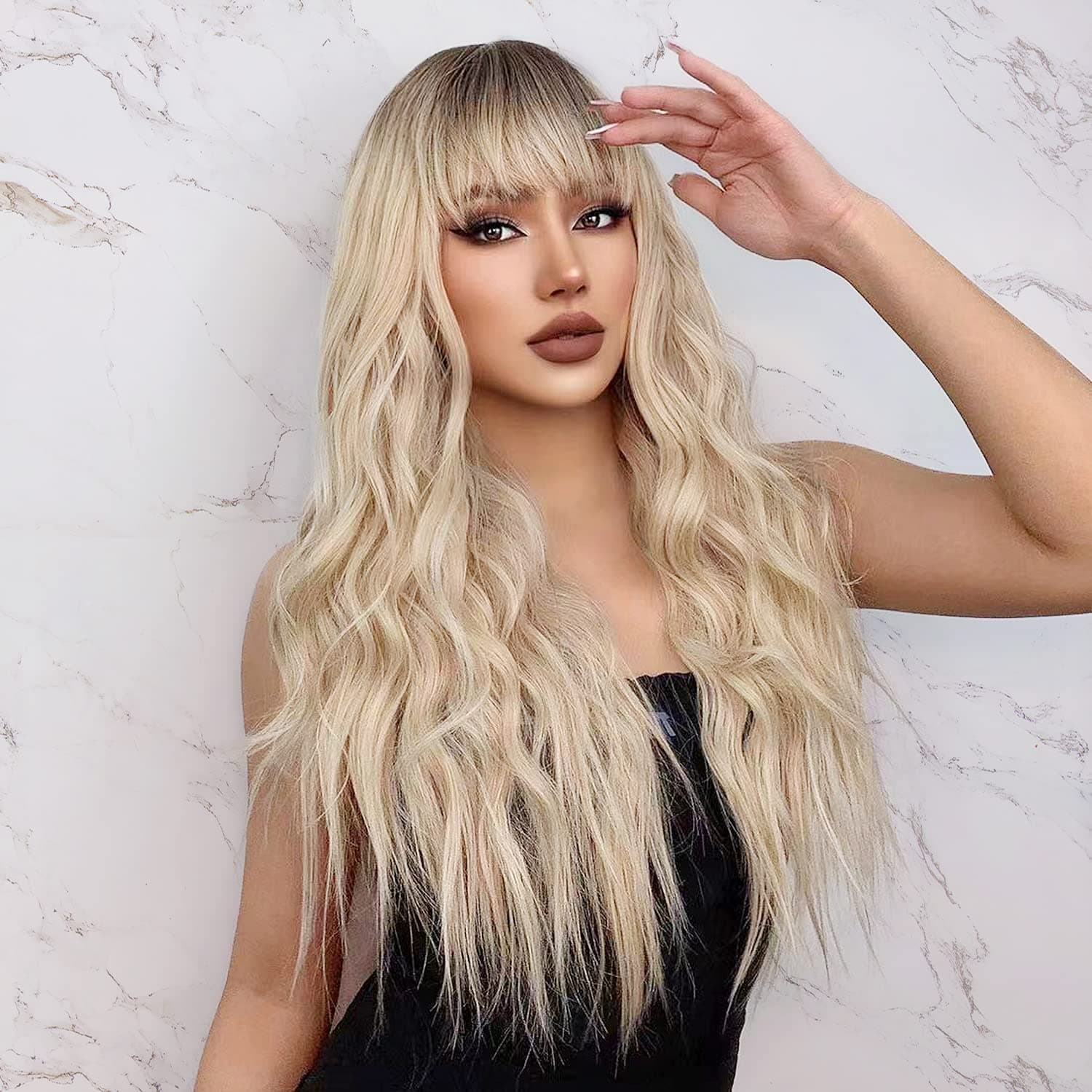 ORSUNCER Long Curly Wavy Synthetic Hair Wigs with Bangs for Women Ombre Cool Brown to Light Blonde Wig Long Heat Resistant Hair Wigs for Daily Party Wig 26 Inches