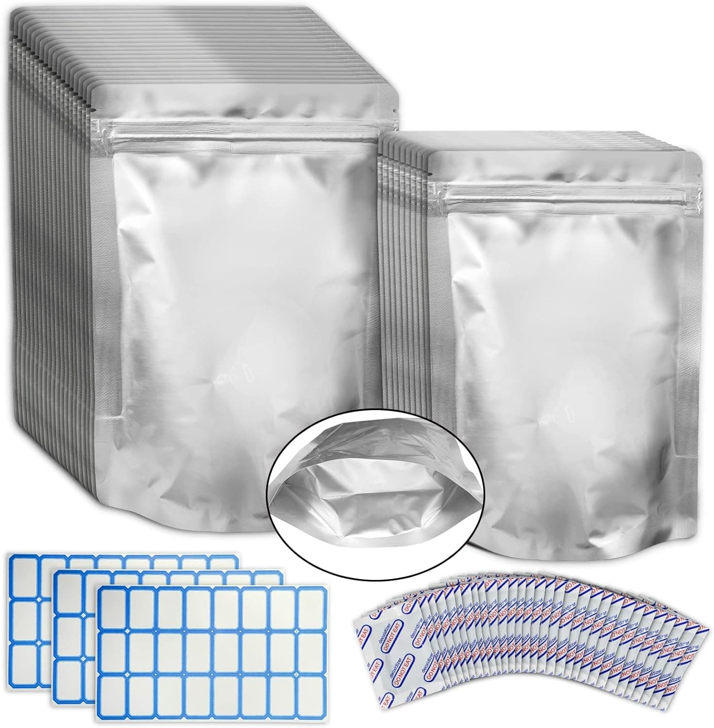 30Pcs Mylar Bags for Food Storage, Extra Thick 8.6 Mil Heat Sealable Bags with 72 Label, 30 Pcs Oxygen Absorbers 300cc, Stand-Up Zipper Pouches Resealable, 7"x10" 1 Quart 10Pcs, 10"x14" 1 Gallon 20Pcs