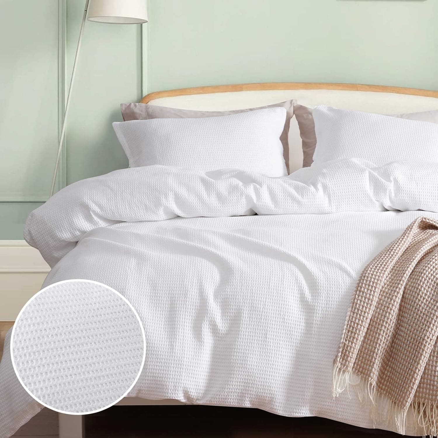 PHF Cotton Waffle Duvet Cover King Size, Ultra Soft Cotton Blend Comforter Cover Set, Comfy Breathable and Decorative Duver Cover Set with Pillow Shams Bedding Collection, 104"x90", White