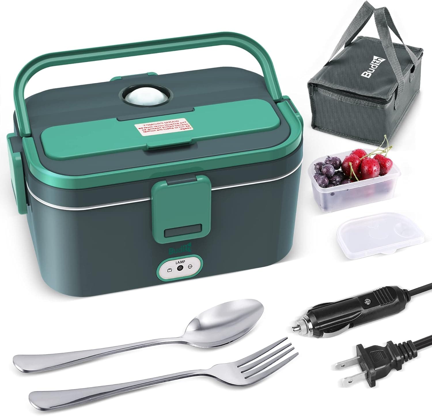 Budth Electric Lunch Box, Portable Food Warmer for Car, Truck, Office, 12V 24V 110-230V 70W Adapter, Leak Proof, 304 Stainless Steel Container, SS fork & Spoon and Carry Bag (Green Update)