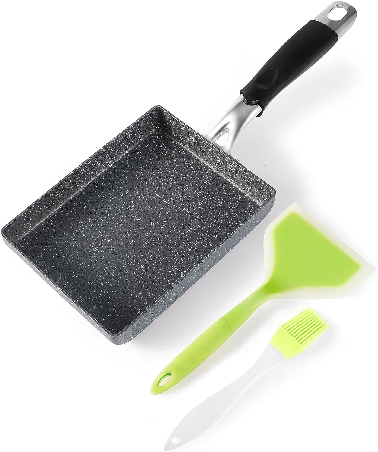 RATWIA Japanese Omelette Pan,Non-Stick Tamagoyaki Egg Pan Small Frying Pan with Anti Scalding Handle,6"x 7" Rectangle Pan with Silicone Spatula & Brush,Gray