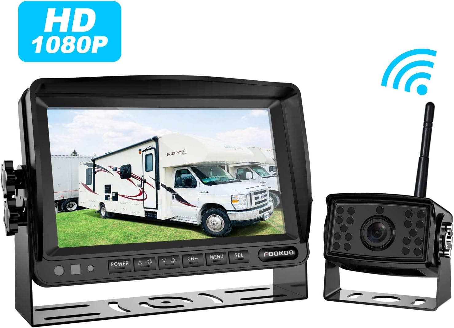 FOOKOO II 1080P Wireless Rear View Camera, 7'' LCD Reverse Camera Monitor IP69 Waterproof RV Backup Camera for Truck/Semi-Trailer/Box Truck/RV, No Interference