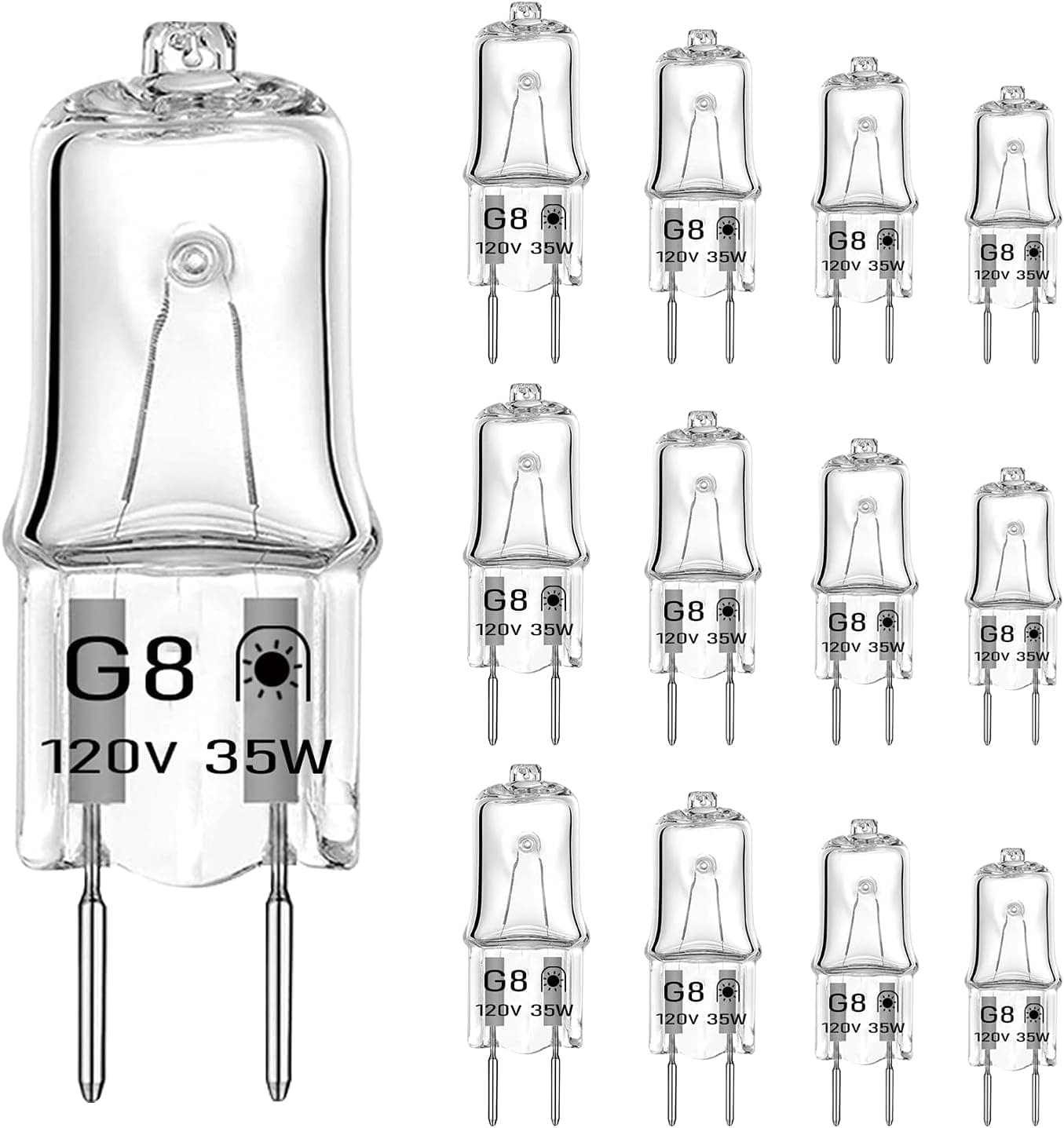 DUMILOO G8 Halogen Bulb 35W 120V T4 JCD Type Bi-Pin G8 Base (12 Pack) Dimmable Xenon Small Light Bulbs for Under Cabinet Puck Lighting Replacements, 2700K Warm White