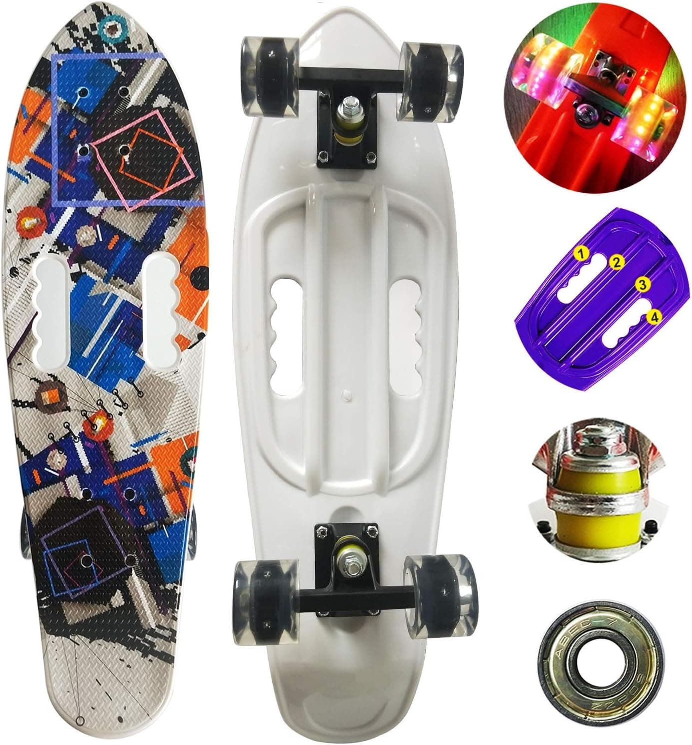 Runyi 27 inch Complete Plastic Mini Cruiser Retro Skateboard with Handle Colorful LED Light PU Wheels for Girls Boys Kids Adult Teens Beginners