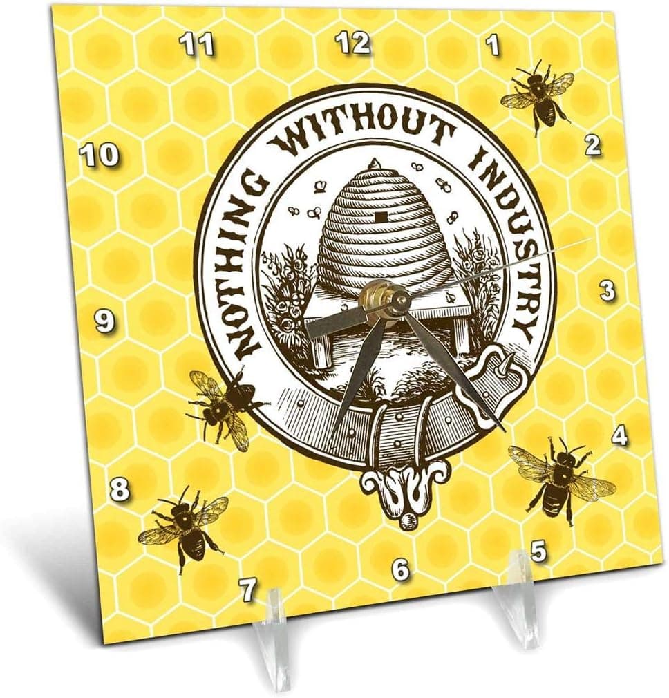 3dRose Pretty Honey Bees Around Bee Hive on Honeycomb Background - Desk Clock, 6 by 6-Inch (dc_219441_1)