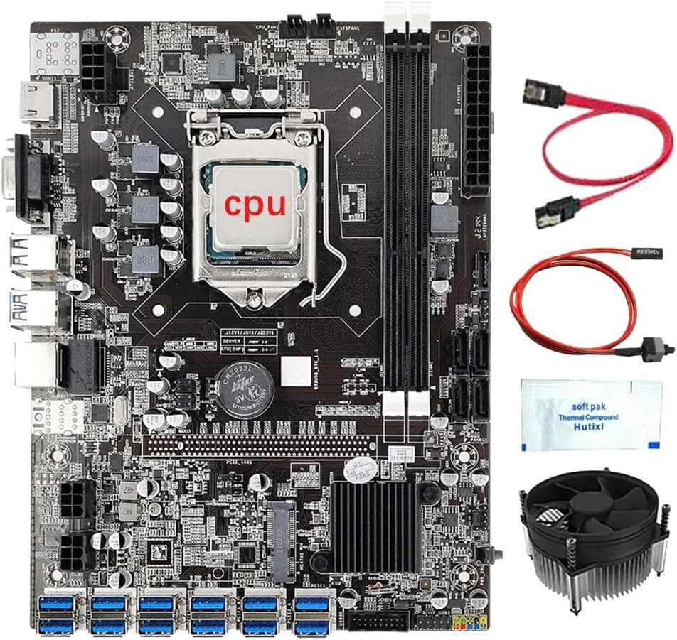 FDSF 12 GPU B75 Mining Motherboard+CPU+Cooling Fan+Thermal Grease+Switch Cable+ Cable 12 USB3.0 Slot LGA1155 DDR3 SATA3.0, Black, 500269393