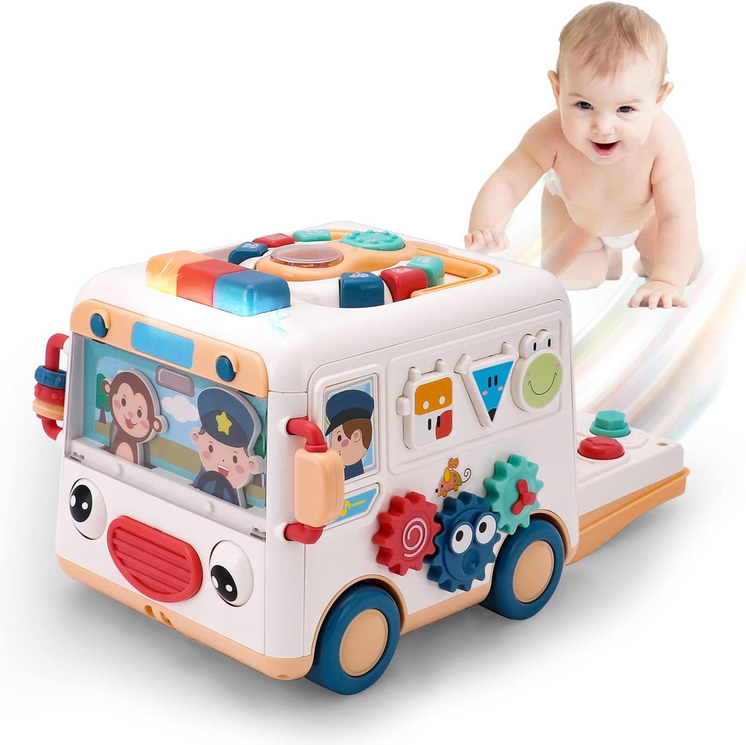 OWNONE 1 Baby Activity Cube Toy, Musical School Bus Toy for Toddlers 1-3, Learning Music Toy Birthday Gift for Baby Boys & Girls 1 2 3 Years Old