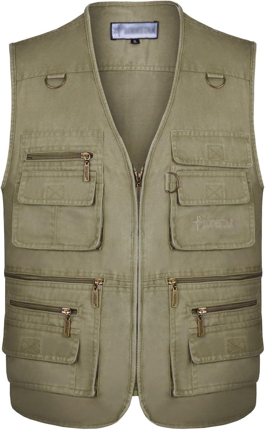 Gihuo Men's Casual Outdoor Leisure Lightweight Pockets Fishing Photo Journalist Denim Vest Plus Size (L, Khaki)