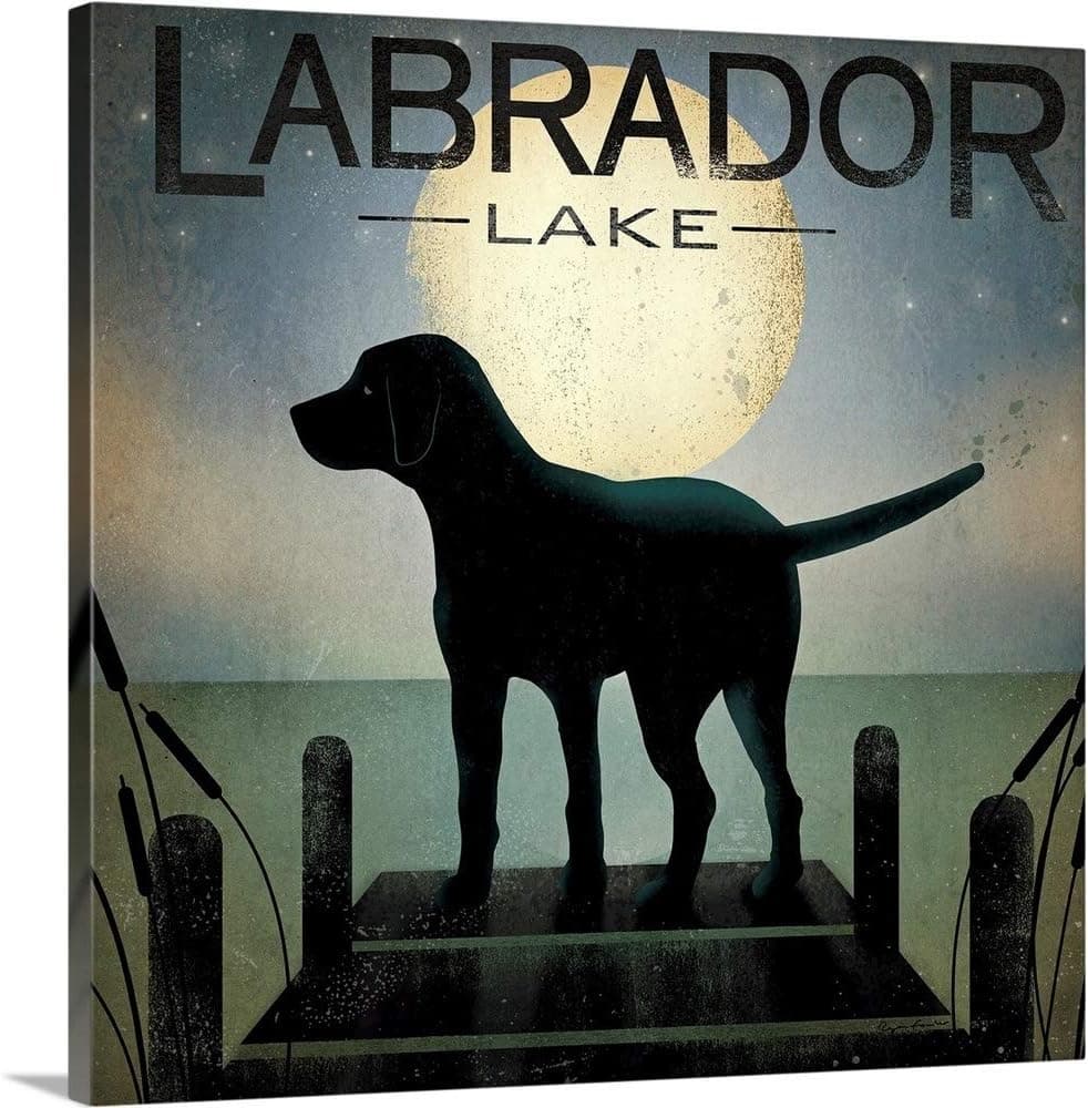 Moonrise Black Dog - Labrador Lake Canvas Wall Art Print, Dog Artwork
