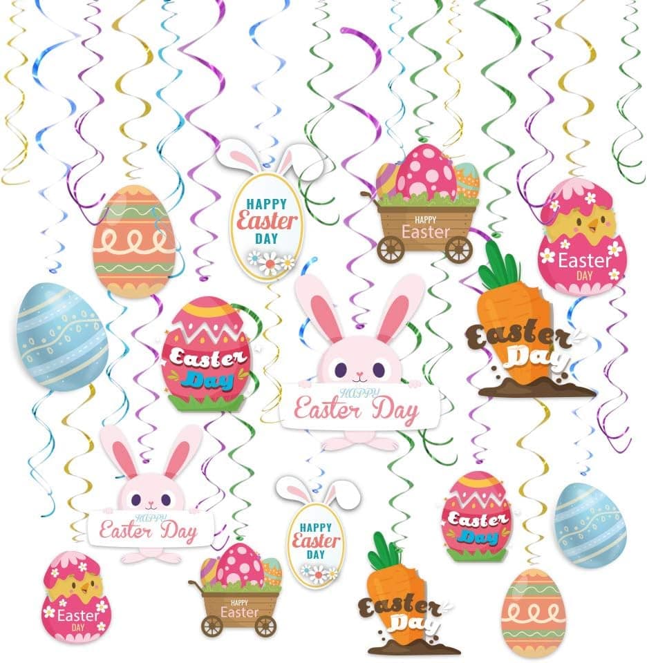 Easter Hanging Swirls 30pcs Ceiling Decorations Easter Egg Bunny Carrot Hanging Swirl Foil Decorations for Home Office School Easter Party Ornaments Favors Supplies