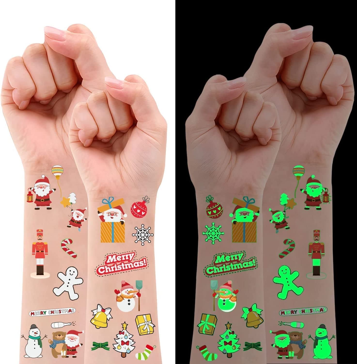 CHASPA 20 Sheets 214 Pcs Christmas Tattoo for Kids - Luminous Temporarty Tattoo + Color Tattoo, Merry Christmas Party Favors, Stocking Stuffer, Christmas Eve Gift, Xmas Tree, Lights, Santa, Snowman