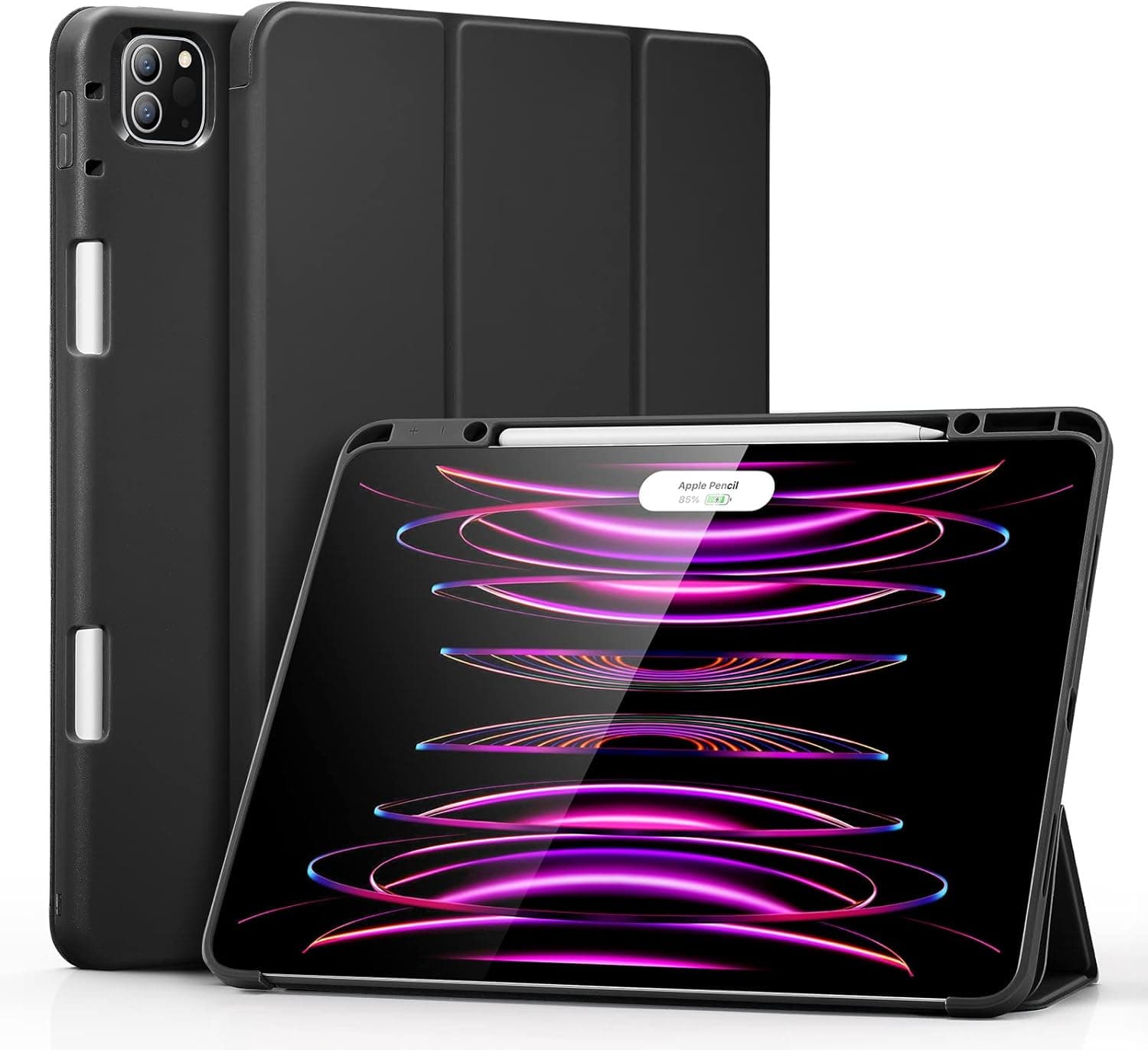 ESR Pencil Case Compatible with iPad Pro 12.9 Inch (2022/2021, 6th/5th Gen), Built-in Pencil Holder, Pencil 2 Support, Flexible Back Cover, Trifold Stand, Auto Sleep/Wake, Rebound Series, Black