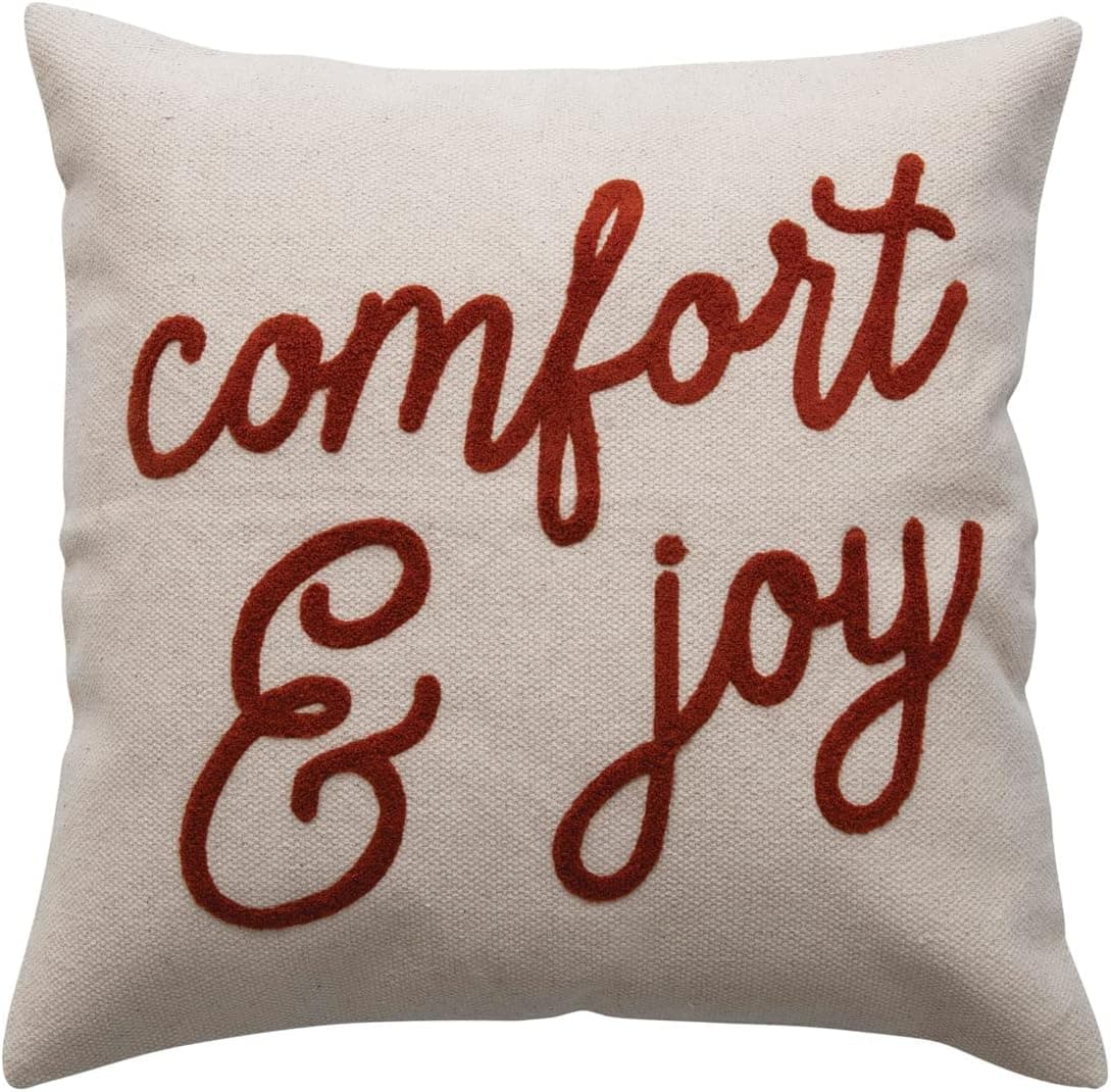 Creative Co-Op Square Cotton Pillow with "Comfort and Joy" Embroidery, Cream and Red
