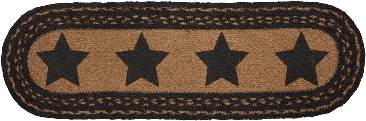 VHC Brands Farmhouse Star Jute Primitive Flooring Latex Backing Oval Stair Tread, Country Black