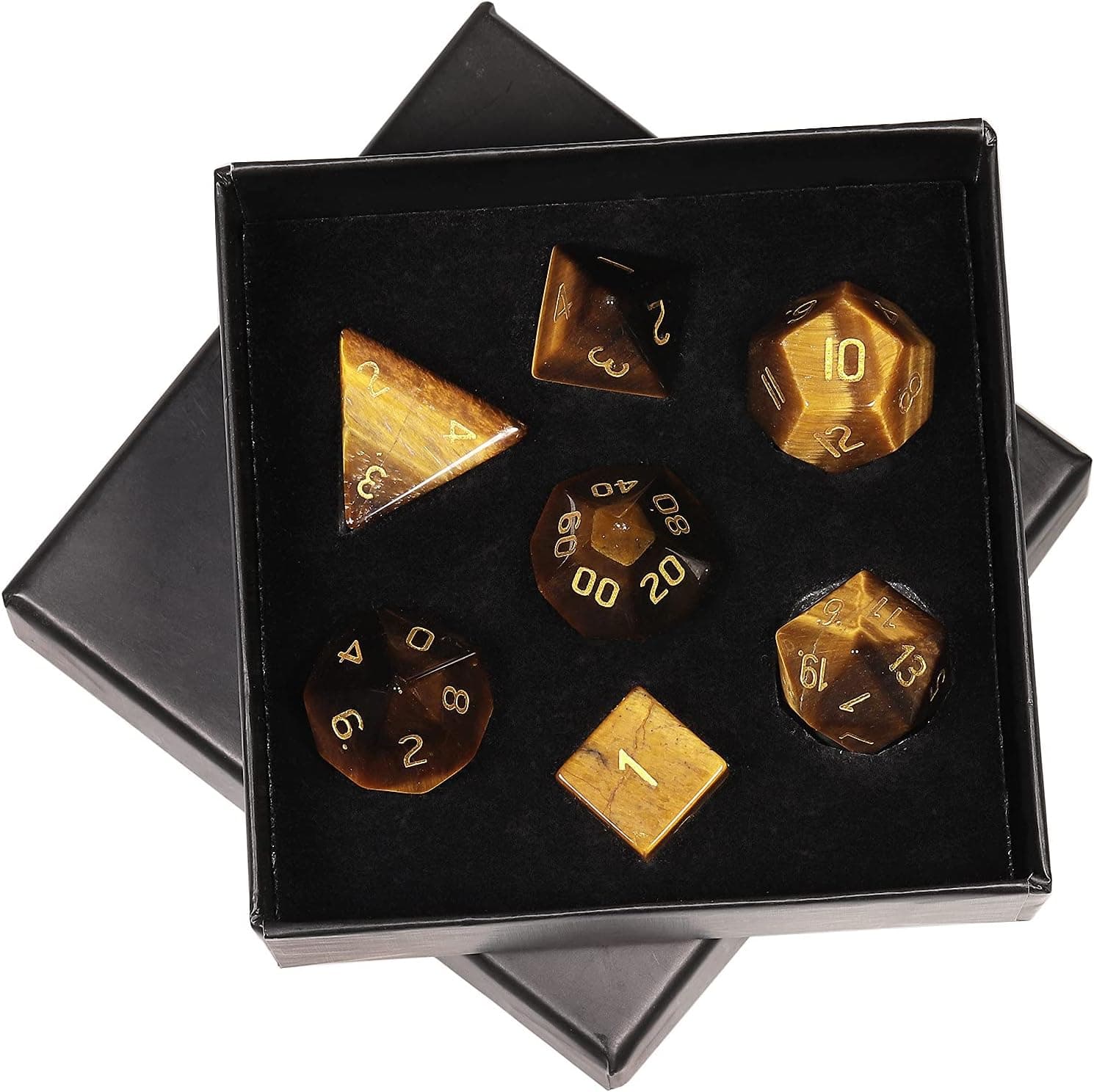 mookaitedecor 7 PCS Tiger's Eye Crystal Polyhedral DND Dice Set, Polished Tumbled Stones Dices for RPG MTG Table Games Home Decoration