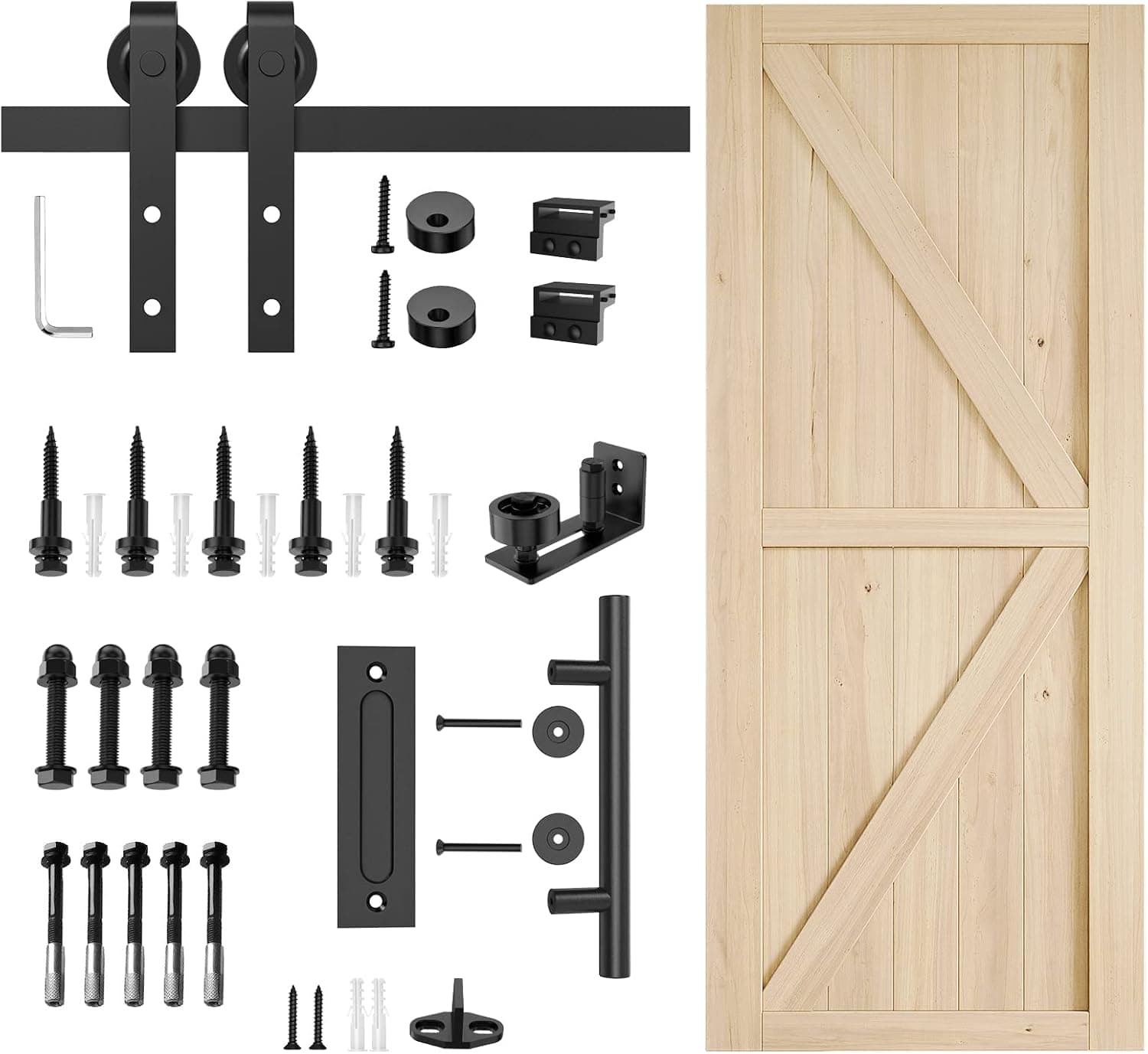 HomLxclx 30in x 84in Barn Door with 5ft Sliding Barn Door Hardware Kit & 12inch Handles & Floor Guide, DIY Unfinished Solid Wood Barn Door Slab, Natural Pine Wood, Pre-Drilled for Install, K-Frame