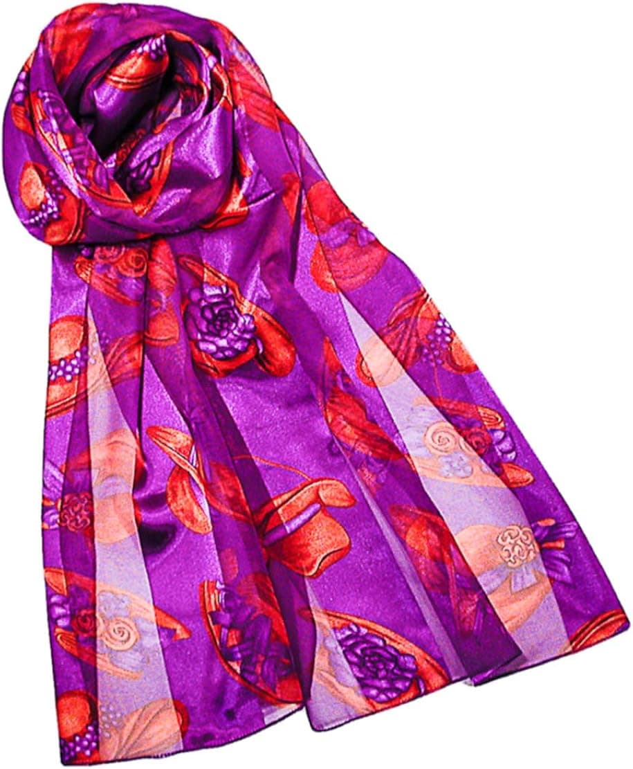 Evening Elegance Red Hat Society Long Print Silky Chiffon Satin Neck Scarf for Women - Purple
